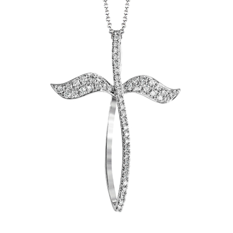This cross pendant seems almost to be growing wings to fly away in this unique 18k white gold design set with .43 ctw of white diamonds.