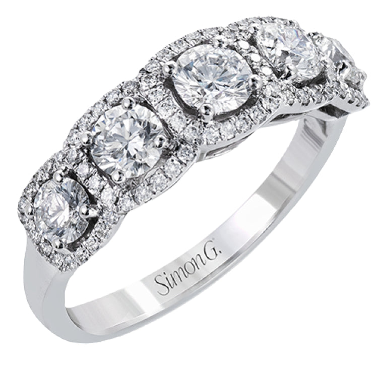 This eye-catching white gold modern band features multiple exquisite halos set with 1.33 ctw glistening round cut white diamond accents.