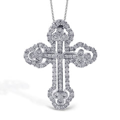 Featuring a classic motif, this intricate white gold cross pendant is set with .44 ctw round white diamonds.