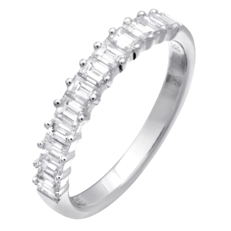 This 18K white gold band features .80cttw white baguette diamonds.