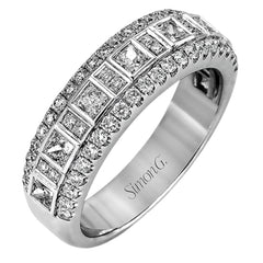 These stunning 18k white gold band contains .93 ctw of princess cut white diamonds as well as .44 ctw of round white diamonds.