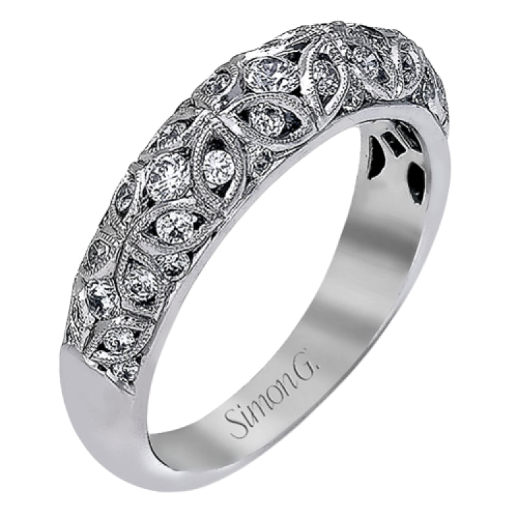 This lacy vintage inspired white gold band features .62 ctw of round cut white diamonds in a charming floral design.