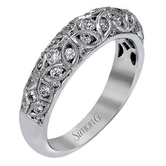 This lacy vintage inspired white gold band features .62 ctw of round cut white diamonds in a charming floral design.