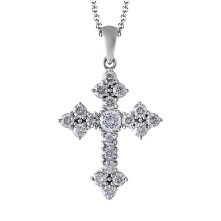 This delicately styled classic white gold cross is beautifully set with .47 ctw of glistening round cut white diamonds accents.