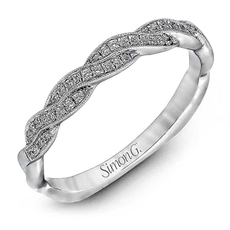 This impressive white gold band is accented by a remarkable twist design set with .24 ctw of dazzling round cut white diamonds.