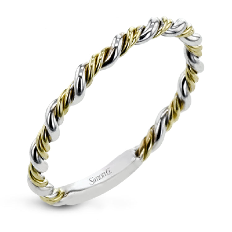 This ring is certainly a twist on a classic, with the band and halo formed from two tones of 18k gold twisted together, and the engagement ring set with .18 ctw of diamonds.
