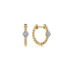 14K Yellow Gold Beaded Diamond Pave Huggie Earrings