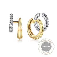 14K White and Yellow Gold Diamond Double Row Earrings