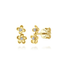14K Yellow Gold Stacked Flower Diamond Stud Earrings